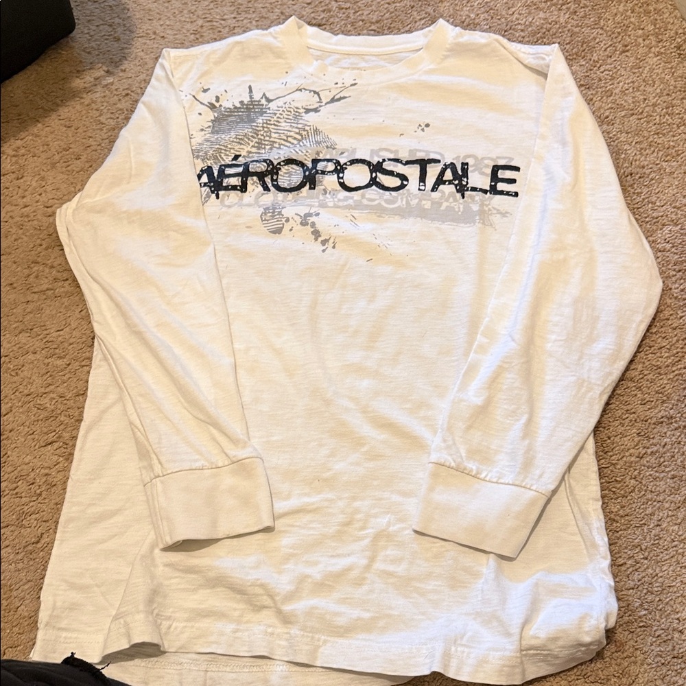Aeropostale White Crew Neck Long Sleeve Tee with Black Print